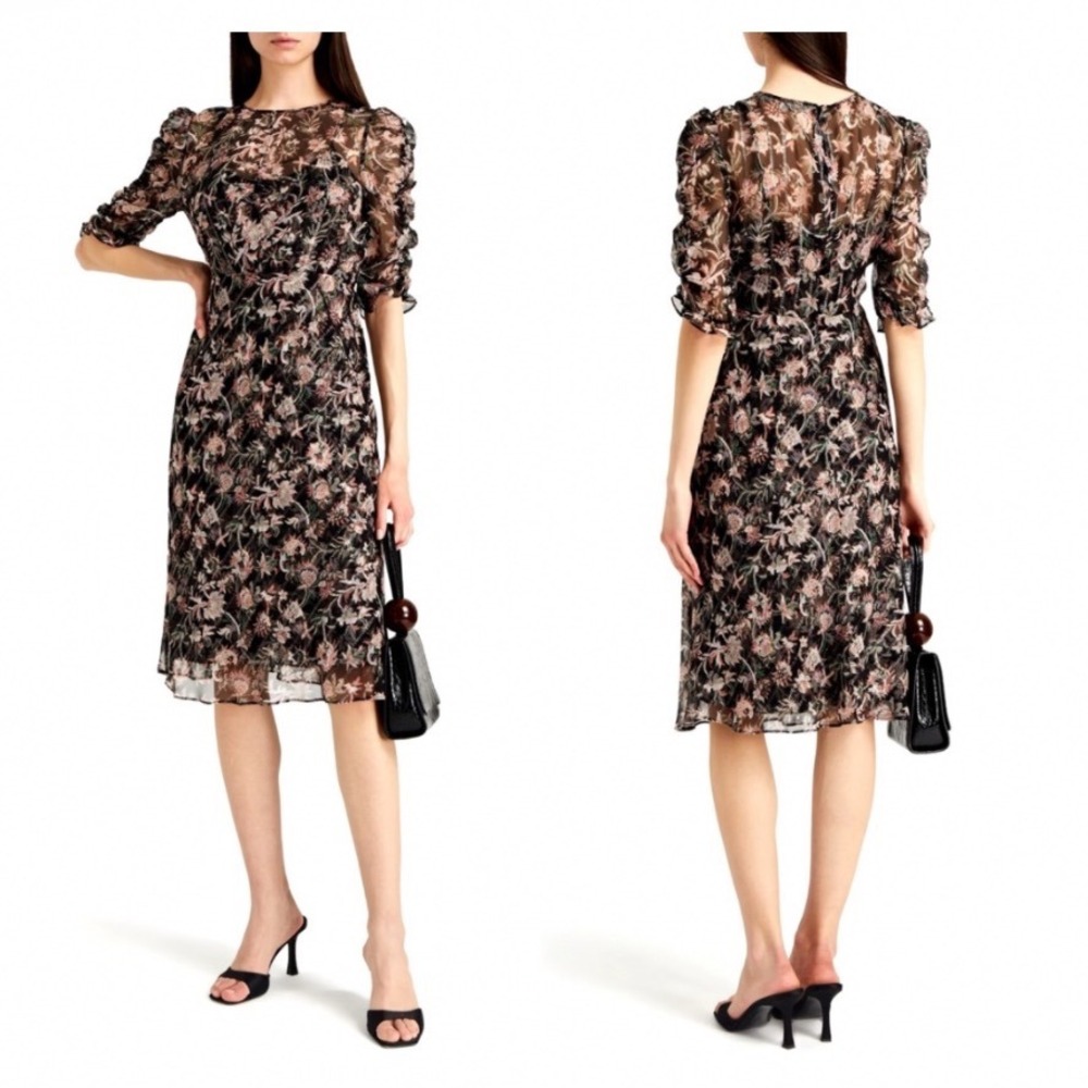 Veronica Beard Mitjana Floral Silk Dress Size 0 Black Ruched Sleeve Midi Chic - Picture 1 of 16